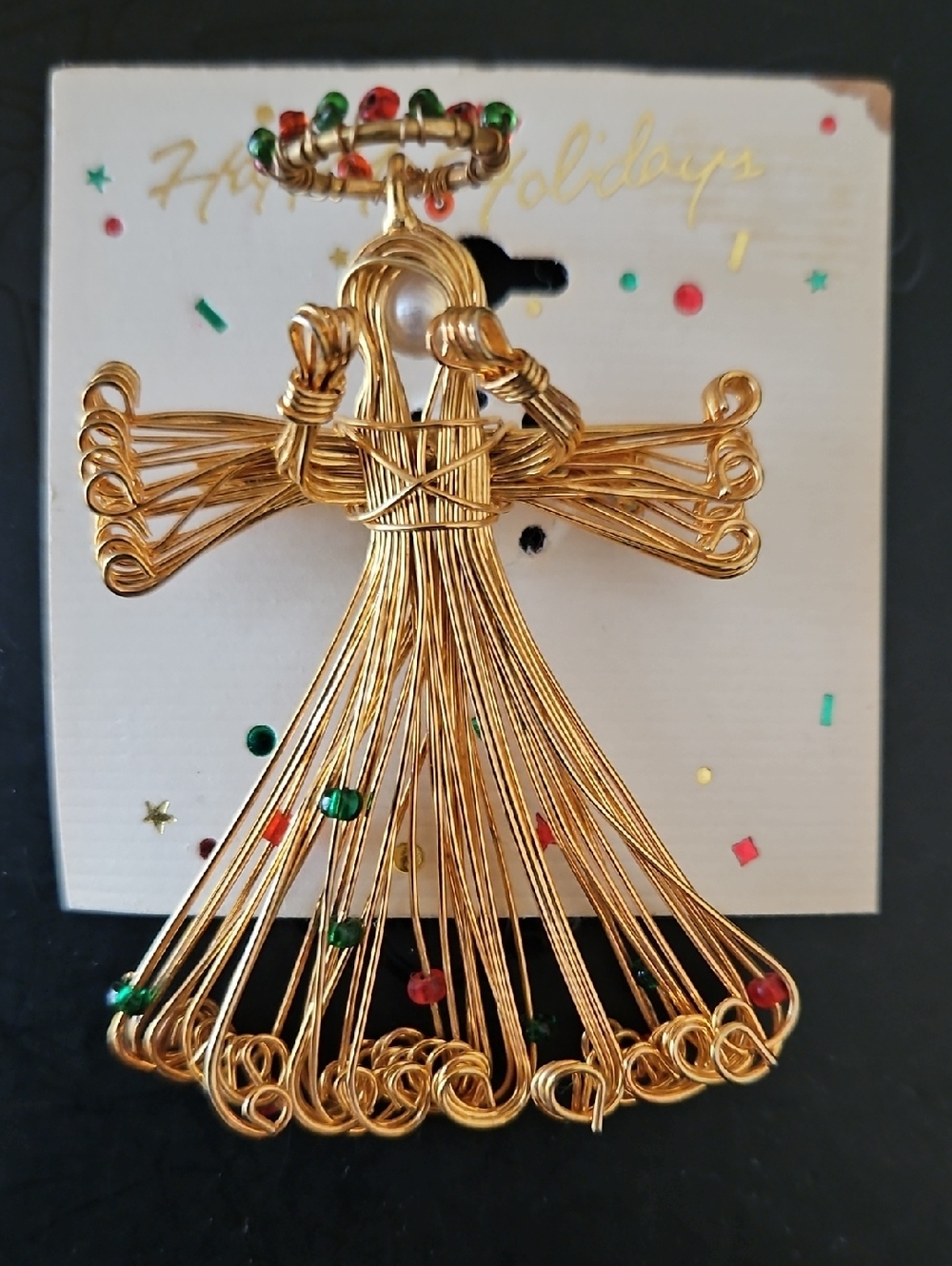 Gold Wire Angel Pendant with Red & Green Beads